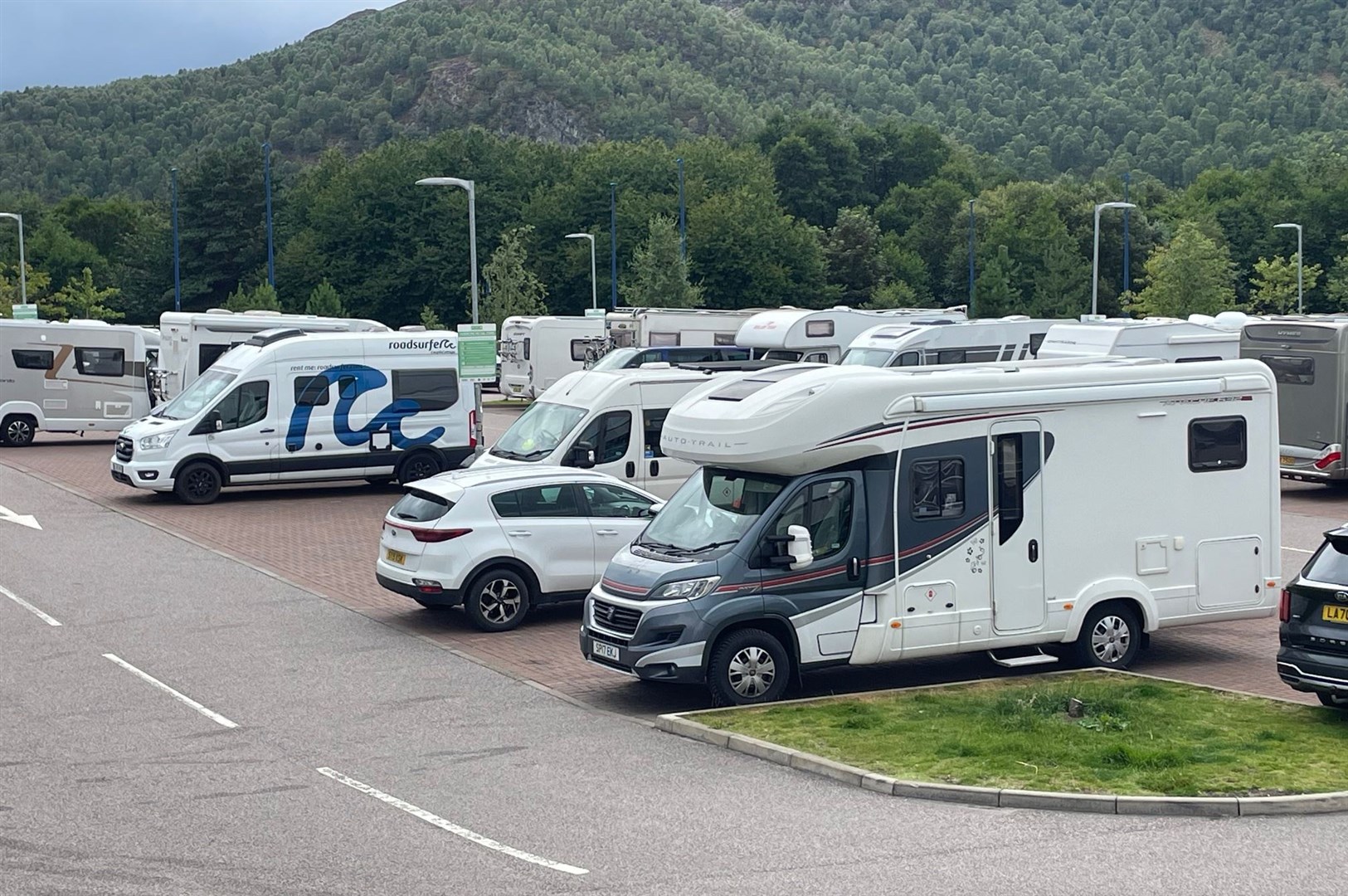 Motorhomes parked up at Aviemore's retail park.