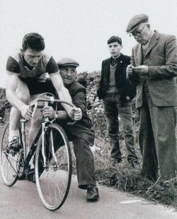 Donald Bruce, setting off for a time trial on his Claude Butler made-to-measure racing cycle.