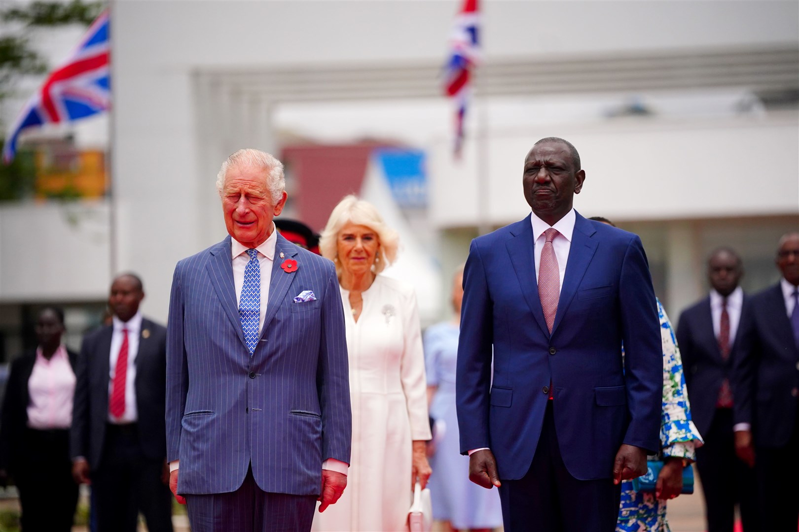 Charles, Camilla and the President of Kenya, Dr William Ruto, ahead of a wreath-laying ceremony in Uhuru Gardens, Nairobi (Victoria Jones/PA)