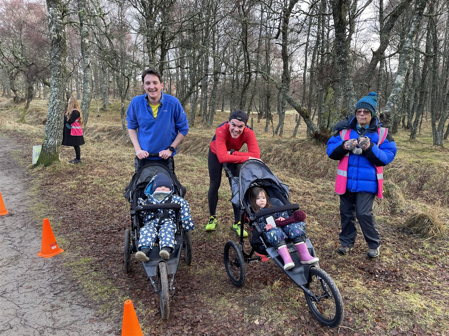 Battle of the buggies! Volunteer Val Machin with some happy participants this morning at the resumed ParkRun event.