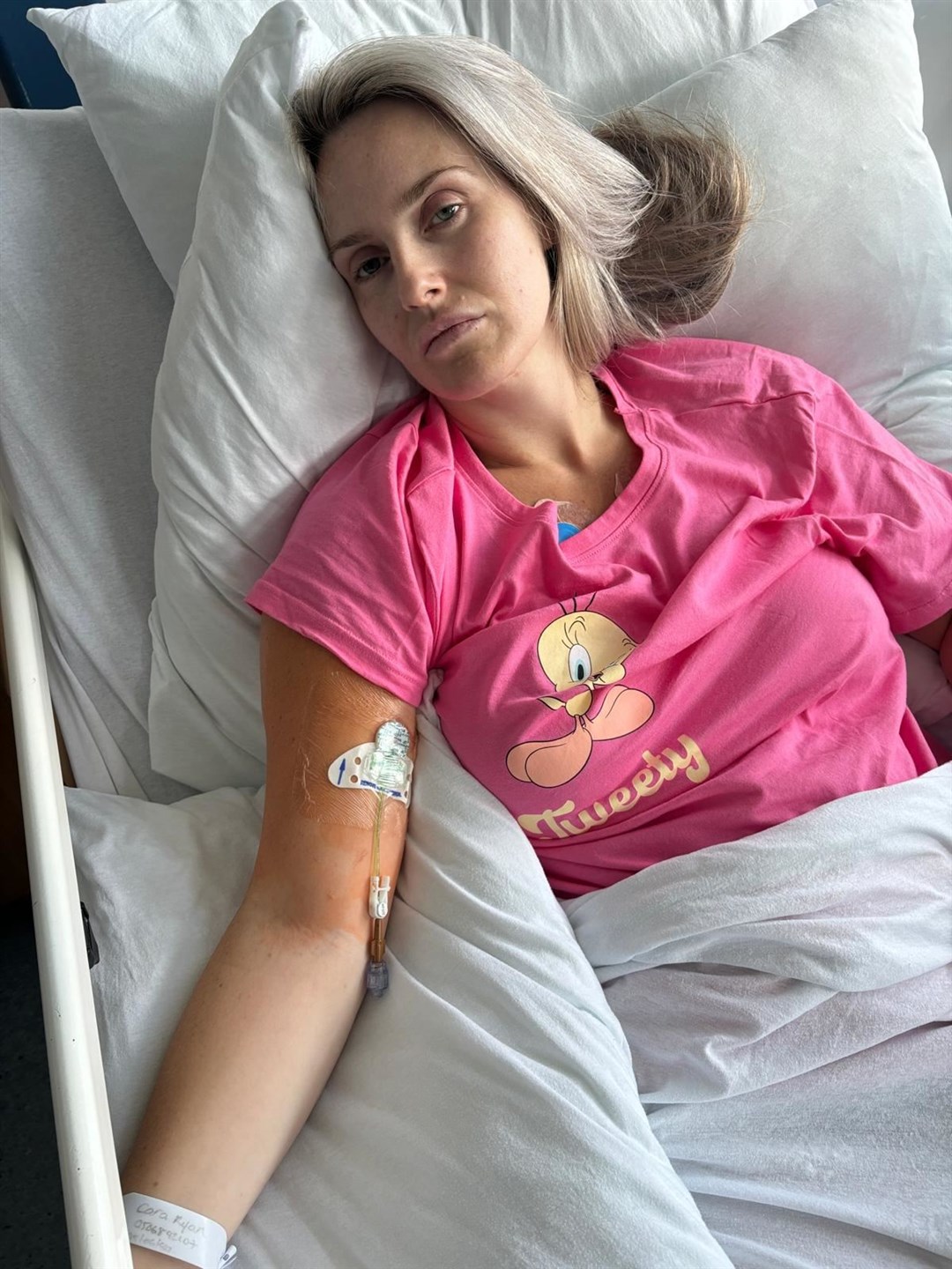 Cara in hospital.