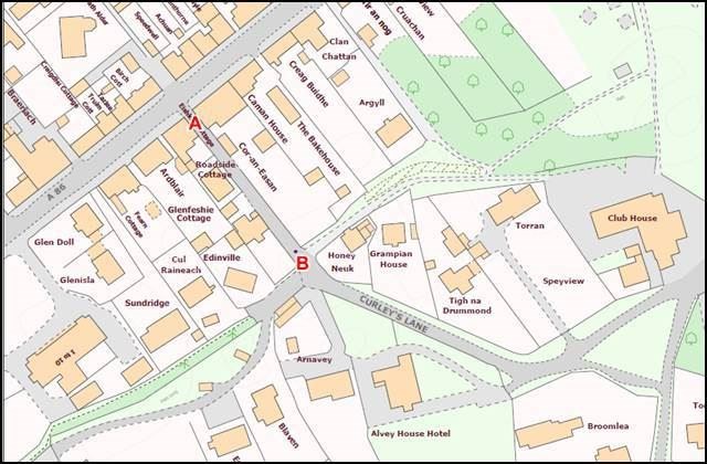 The stopping up would be at the lane’s intersection with the A86 (point A on the map) by means of permanent bollards and a ‘No Through Road’ sign installed at point B.