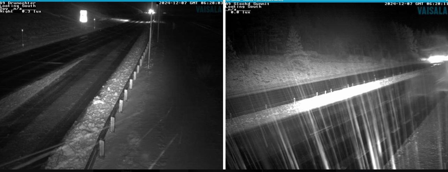Snow was settling on the A9 at Drumochter earlier, with Bear Scotland saying it had "five spreaders out at this area, with 16 more patrols keeping an eye on the network".
