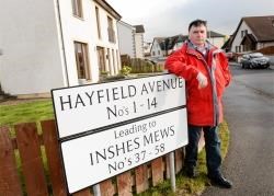 Cllr Ken Gowans at the proposed route of logging trucks at Inshes' Hayfield Avenue.