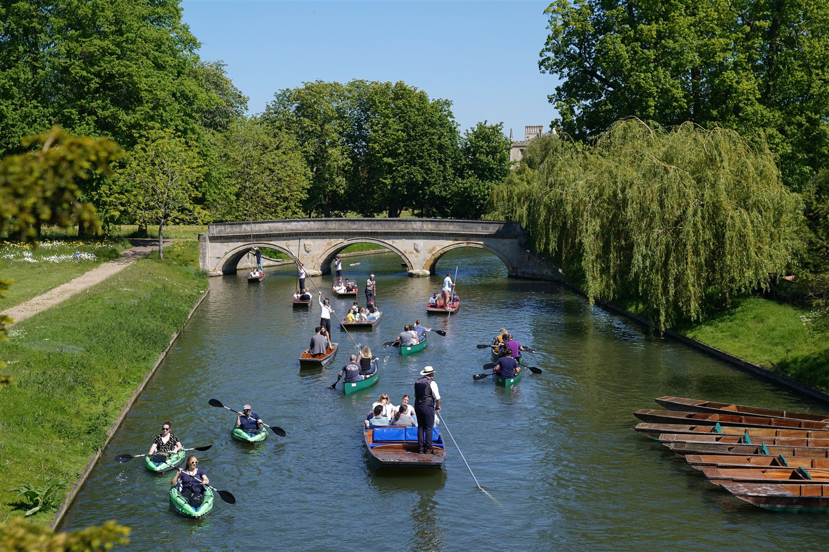 The River Cam in Cambridge was busy with punts and kayaks (Joe Giddens/PA)