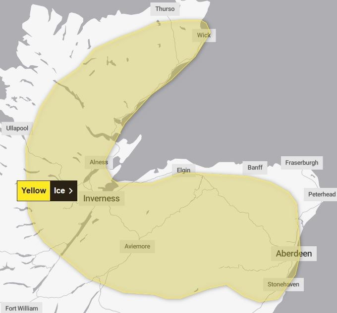 The area's covered by the yellow warning for ice on Sunday night and Monday morning. Picture: Met Office.