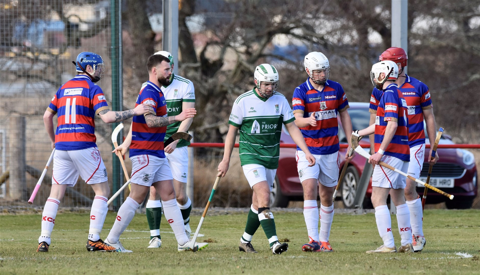 Kingussie's first goal of the season by Roddy Young (third right) is celebrated with his teammates. Picture: Fiona Young.