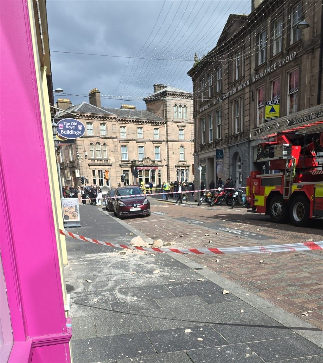 The heavy chunk of masonry fell from the rooftop above Harry Gow bakery on Union Street, Inverness.