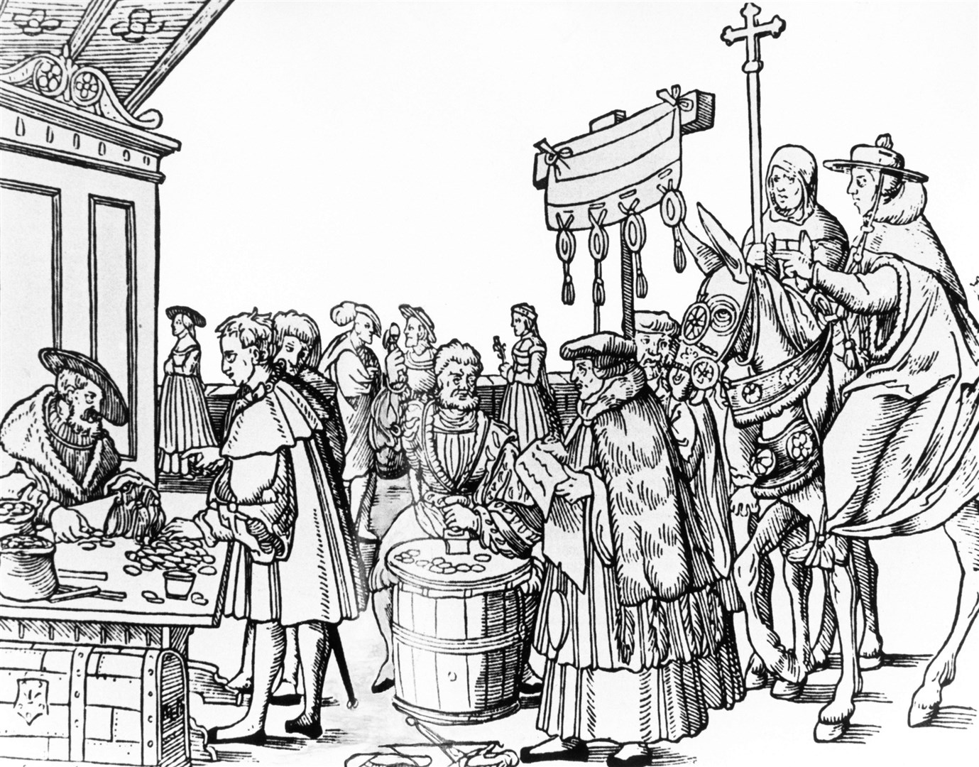 Sale of indulgences, 1517 – In the picture, from left to right, the money collector, the seal maker, who made the seals for the indulgences and the cardinal (SZ Photo/National Trust/PA Wire)