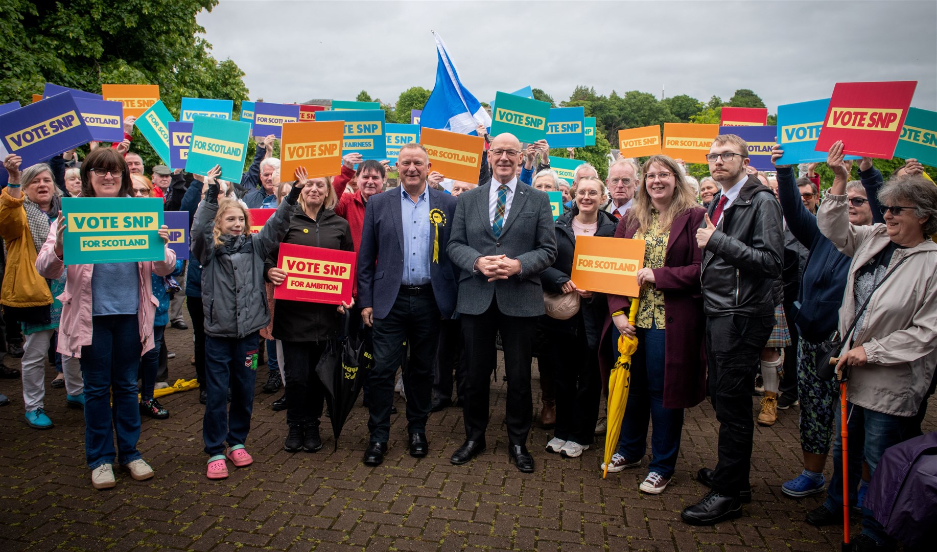 Drew Hendry, who is seeking to win re-election as an MP, and John Swinney First Minister of Scotland in Inverness with SNP supporters on Sunday afternoon. Picture: Callum Mackay.