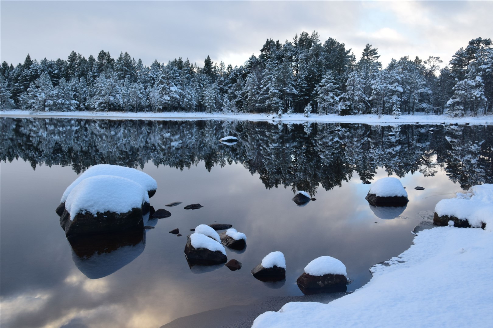 Snowy scenes at Loch Morlich in the Cairngorms. But will we see snow this Christmas? Picture: Philip Murray.