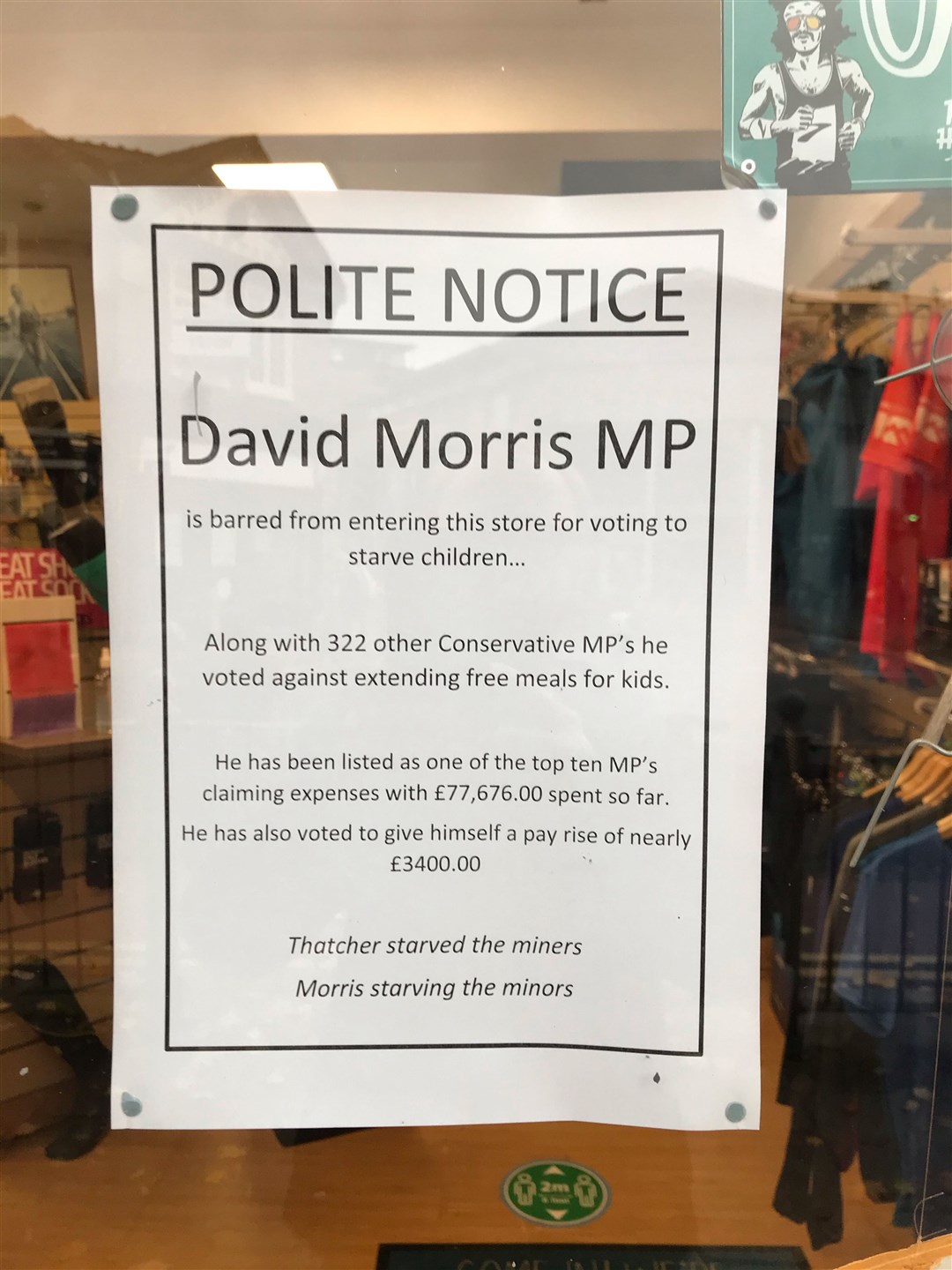 The Runners Centre has barred Tory MP David Morris after he voted against the free school meals extension (Ian Bailey)