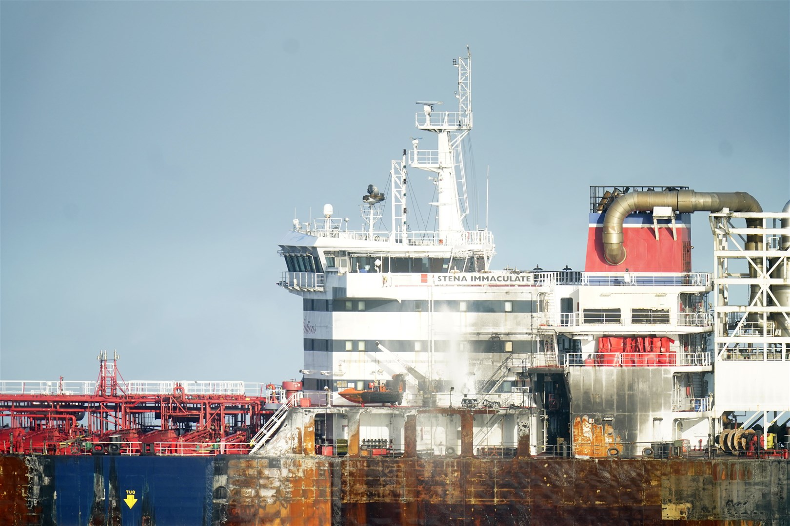 The US oil tanker MV Stena Immaculate which was struck by the Solong container ship, in the Humber Estuary, off the east coast of Yorkshire (Danny Lawson/PA)