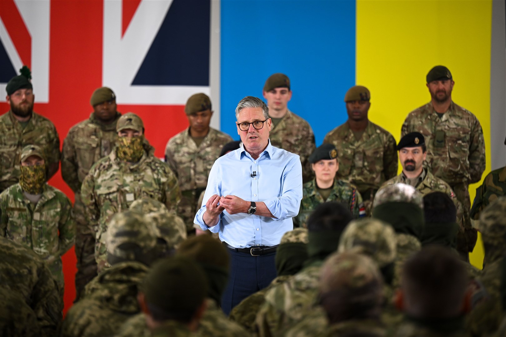 Prime Minister Sir Keir Starmer speaks to troops during a visit to a military base training Ukrainian troops (Finnbarr Webster/PA)
