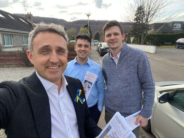 Declan Gallacher (right) on the Highland Council election trail in the strath.