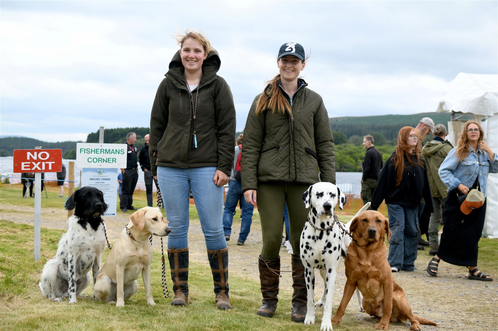 Lucy Aitken and Emma Bamford with Arlo, Tweed, Todd and Boss the dogs.