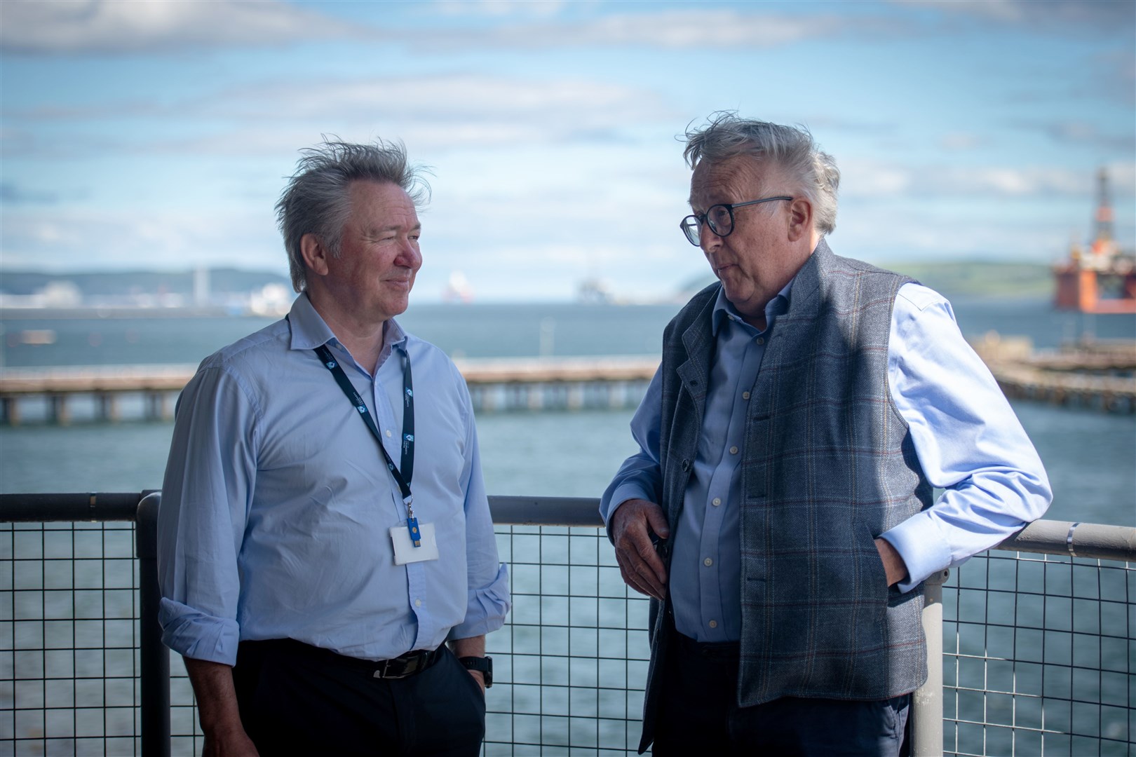 MP Jamie Stone (right) pictured with Alex Campbell, Port of Cromarty Firth chief executive, is calling for Ed Miliband to visit the Highlands. Picture: Callum Mackay.