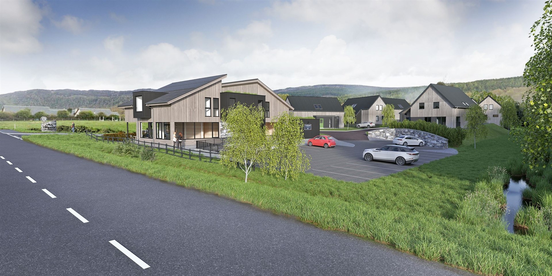 A road side view of the new Cairngorm Gin bar and restaurant at the north end of Aviemore.