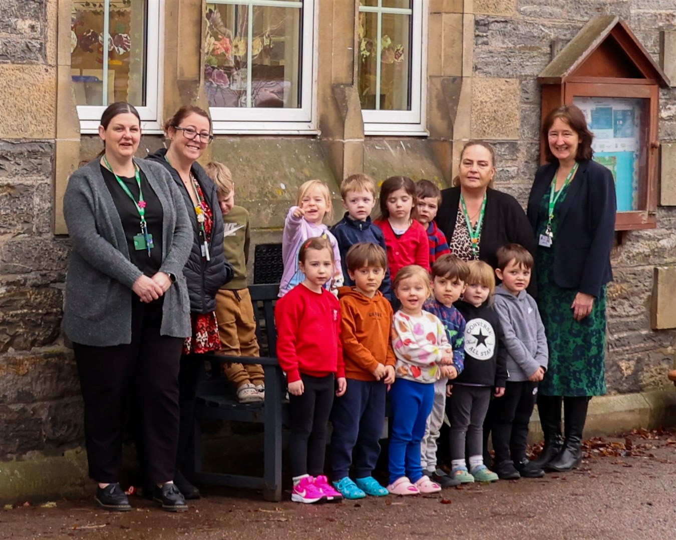 Staff and pupils in front of Kingussie Primary School nursery which was praised by inspectors.