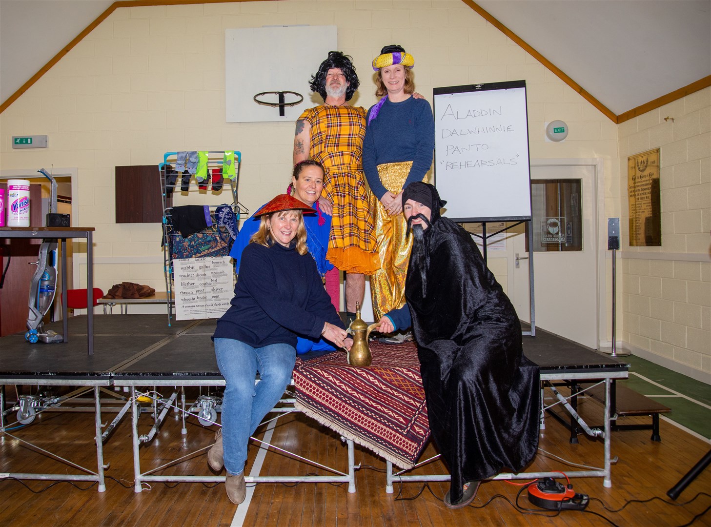 Meet the cast: (back) Simon Conroy (Widow Twanky), Carolyn Cleasby (Genie of the Lamp); (front) Aladdin (Peggy Crossman), Debbie Mills (Slave of the Ring) and Sophie Gault (Abanazer).