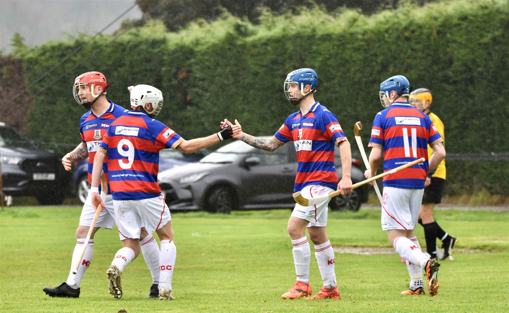 Ruaridh Anderson and James Falconer celebrate one of the Kingussie goals in the 3-2 win at Spean Bridge. Picture: Fiona Young.