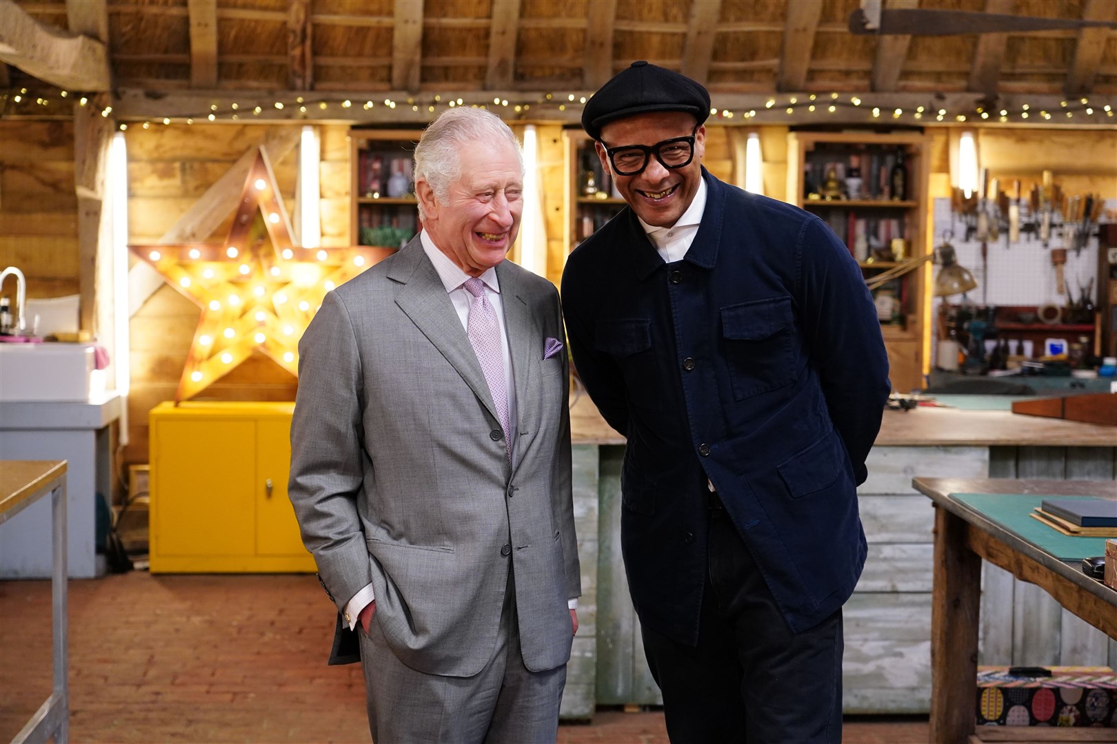Charles with Jay Blades during a special episode of the BBC’s The Repair Shop (Ian West/PA)