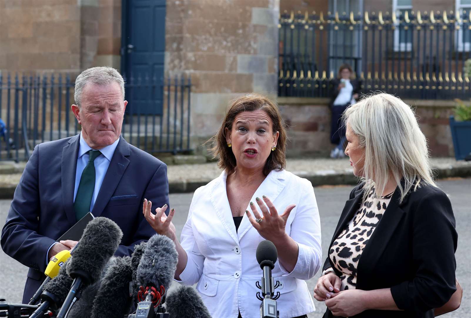 Mary Lou McDonald (centre), speaks to the media alongside Conor Murphy and Michelle O’Neill after their meeting with Prime Minister Boris Johnson at Hillsborough Castle (Liam McBurney/PA)