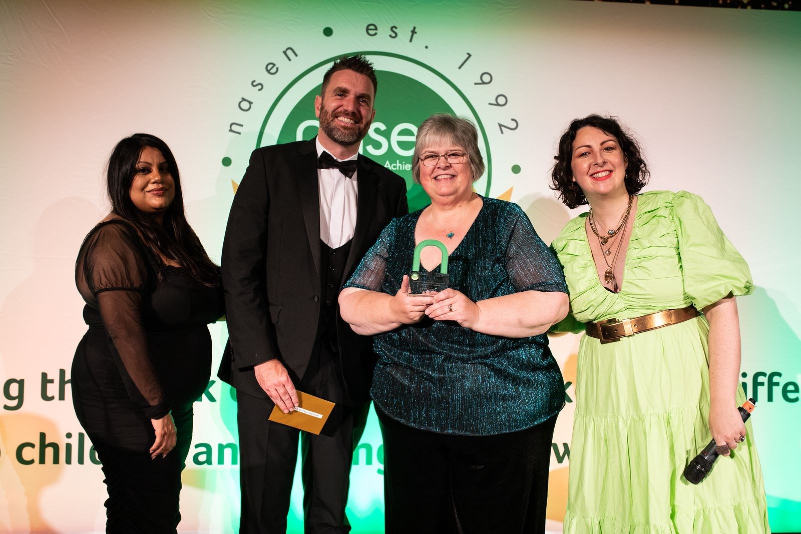 James Morris and Navrina Bains, Concero UK (award sponsor); Sheila Lundberg, Co-ordinator at Highland Deaf Education Service; Samantha Baines, nasen Awards host).