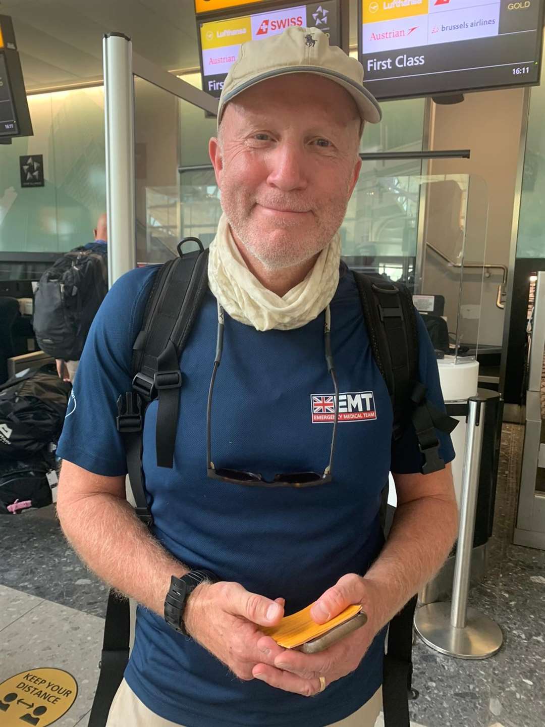 Andy Kent at Heathrow Airport prior to his humanitarian mission.