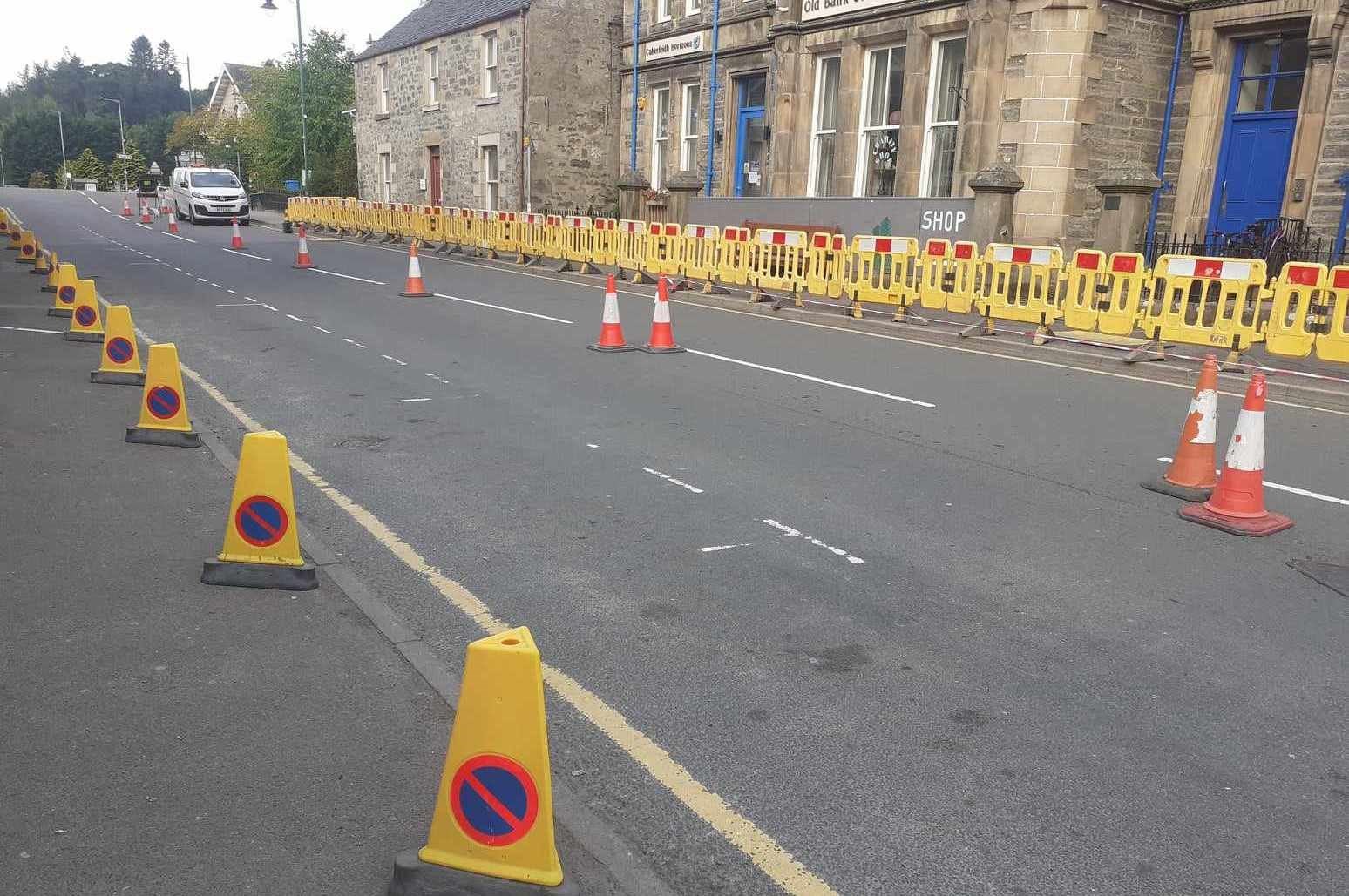 SUNDAY MORNING, KINGUSSIE: With roadworks anticipated along the High Street bollards were laid out before diverted traffic from the A9 started pouring through