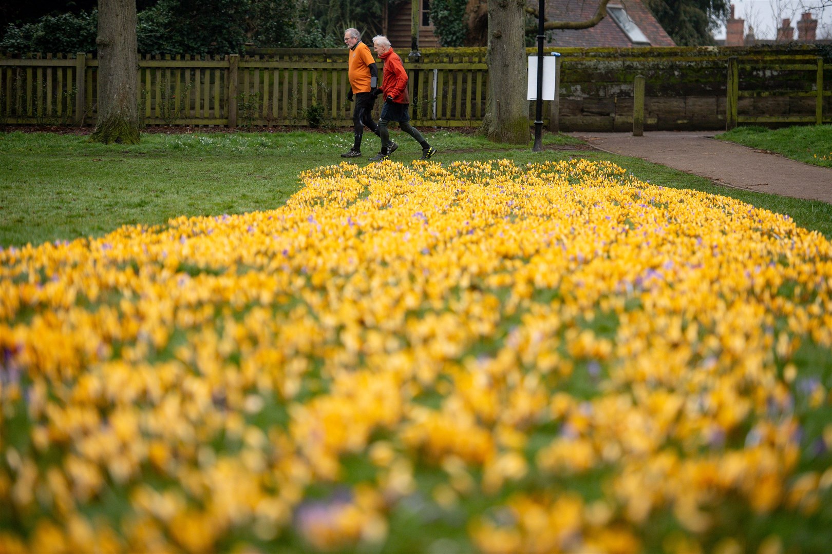 Men exercise by blooming flowers in St Nicholas’ Park in Warwick (Jacob King/PA)