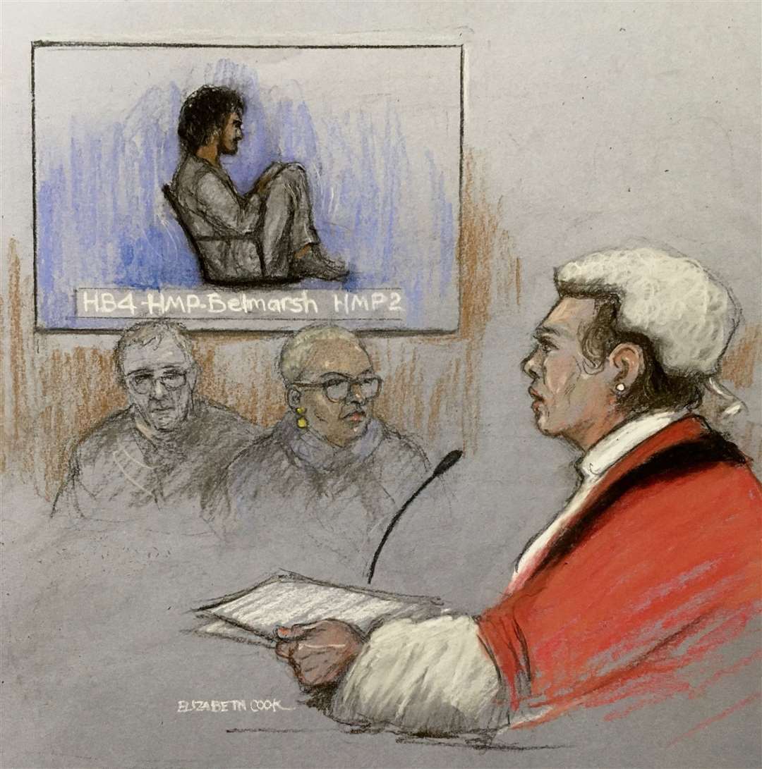 Danyal Hussein on video screen being sentenced by Mrs Justice Whipple at the Old Bailey (Elizabeth Cook/PA)
