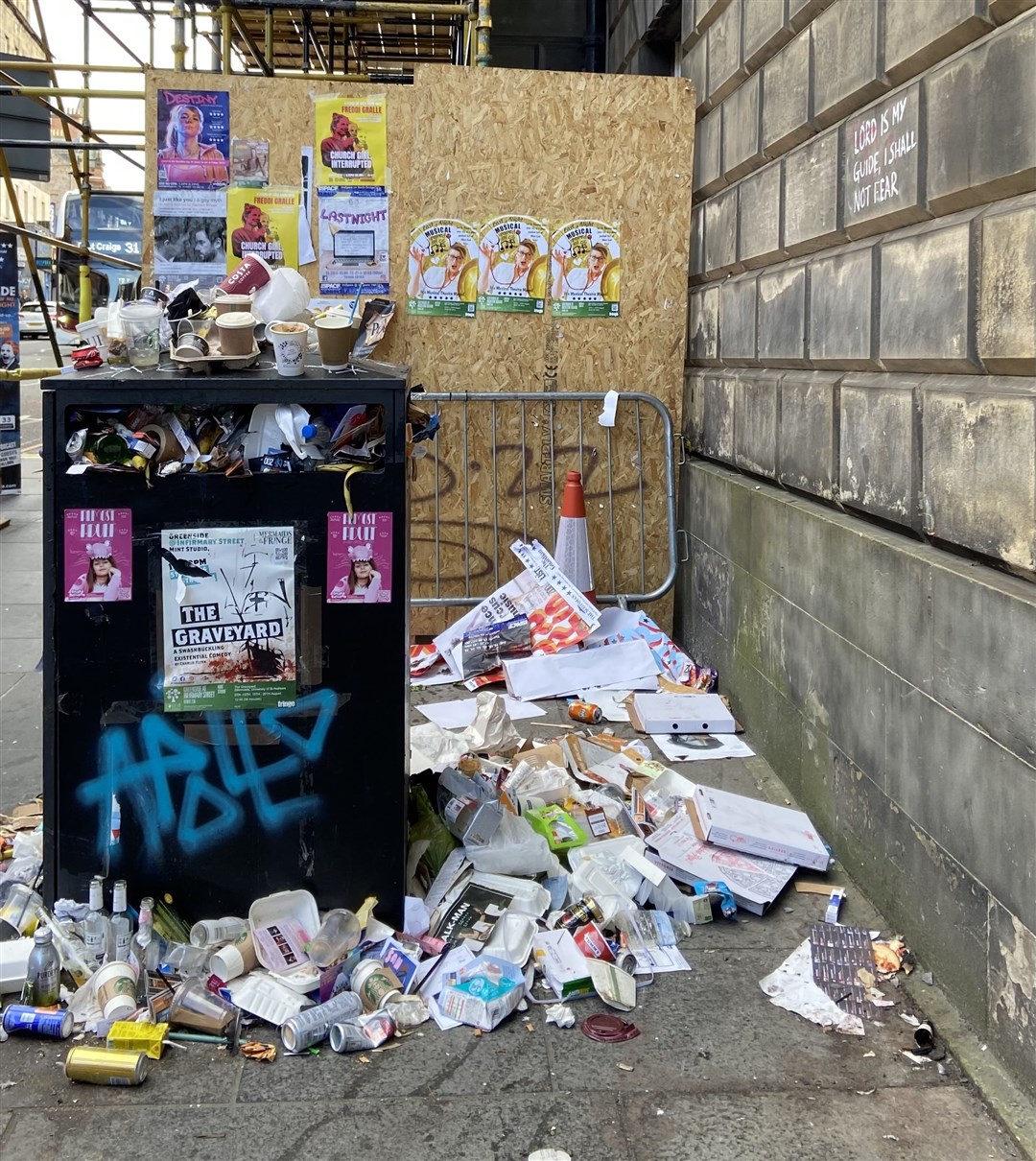 Bins are overflowing on the streets of Edinburgh.