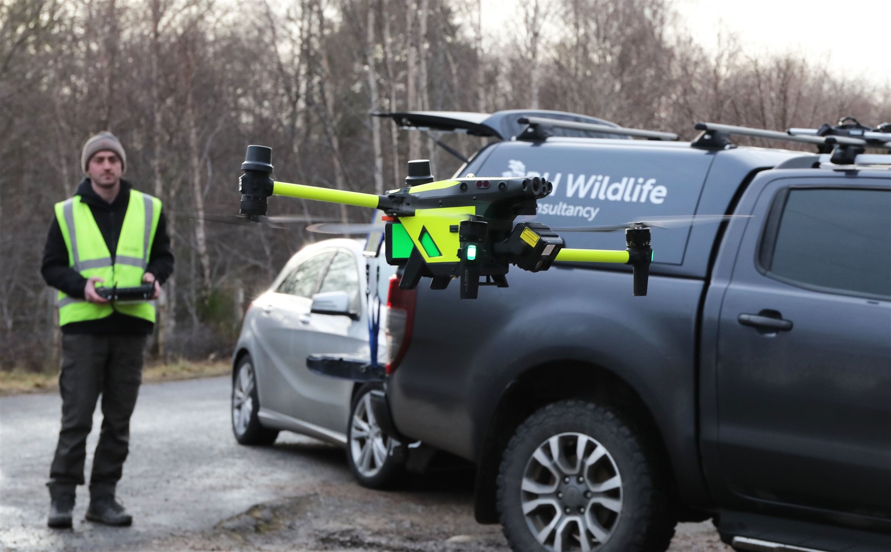 Drone operator Ben Harrower who was searchng for the escaped monkey at Kincraig in the Scottish Highlands...pic Peter Jolly