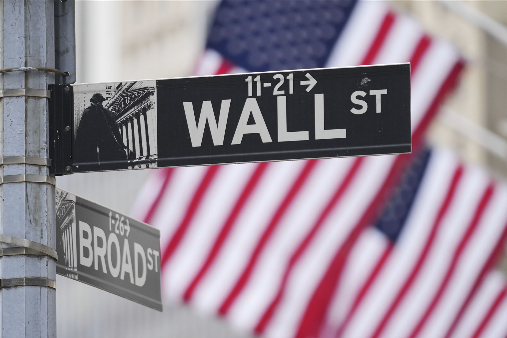 Wall Street signs are displayed outside the New York Stock Exchange (Seth Wenig/AP)