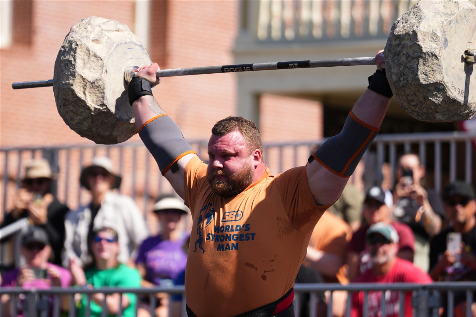 A good display from Tom Stoltman in the Flintstone Press kept him in contention for the title going into the final event. Picture: Rich Storry/World’s Strongest Man