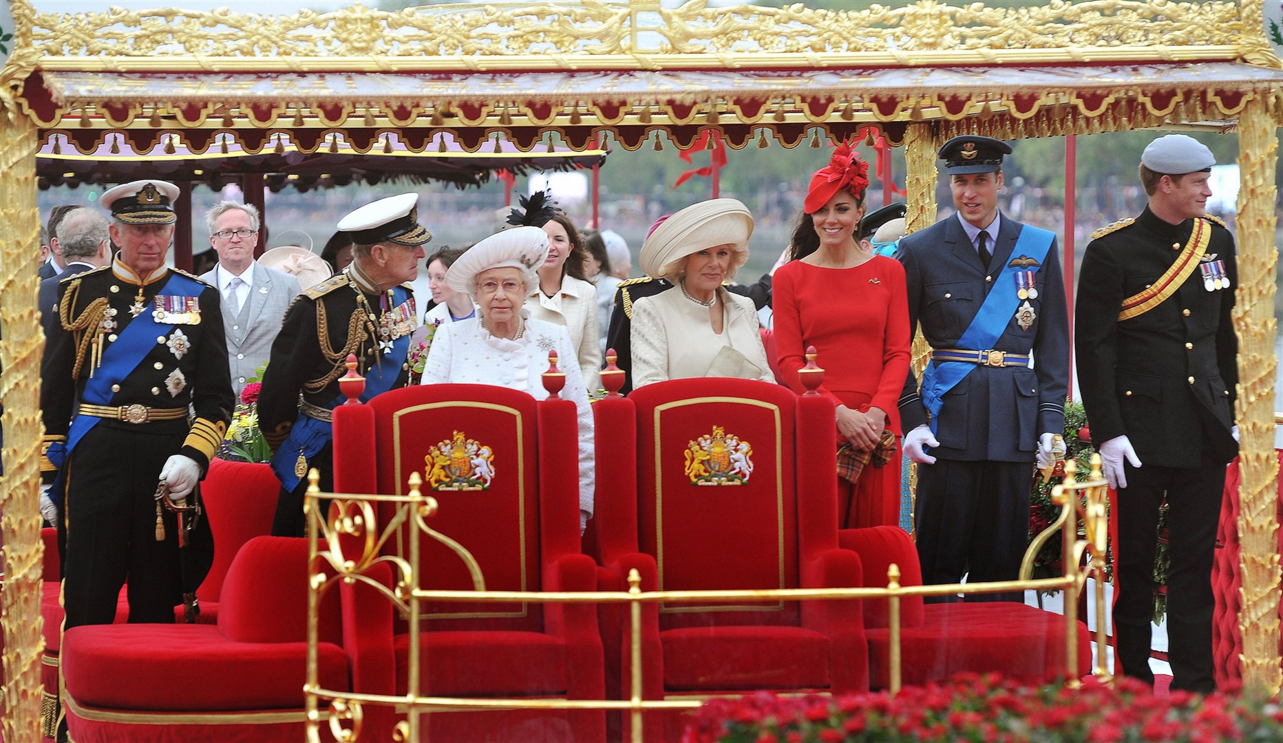 The Prince of Wales, Philip, the Queen, the Duchess of Cornwall, the Cambridges and Prince Harry onboard the Spirit of Chartwell during the Diamond Jubilee River Pageant (John Stillwell/PA)