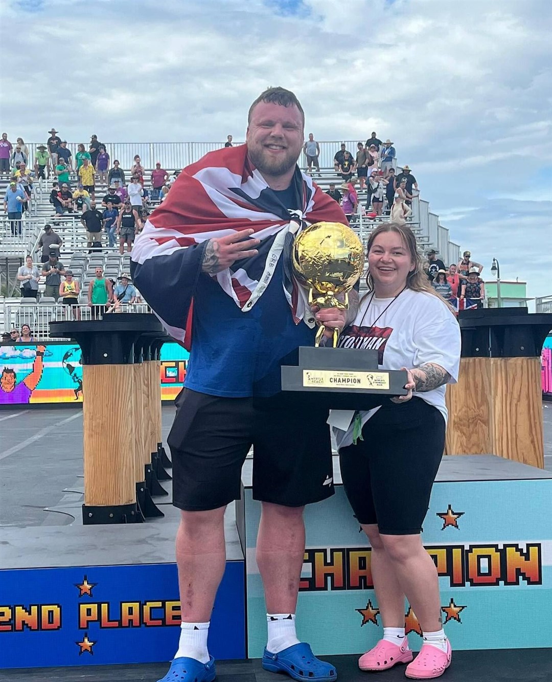 Tom and Sinead Stoltman holding the World's Strongest Man trophy after the Invergordon powerhouse's win in the USA. Picture courtesy of Sinead Stoltman.