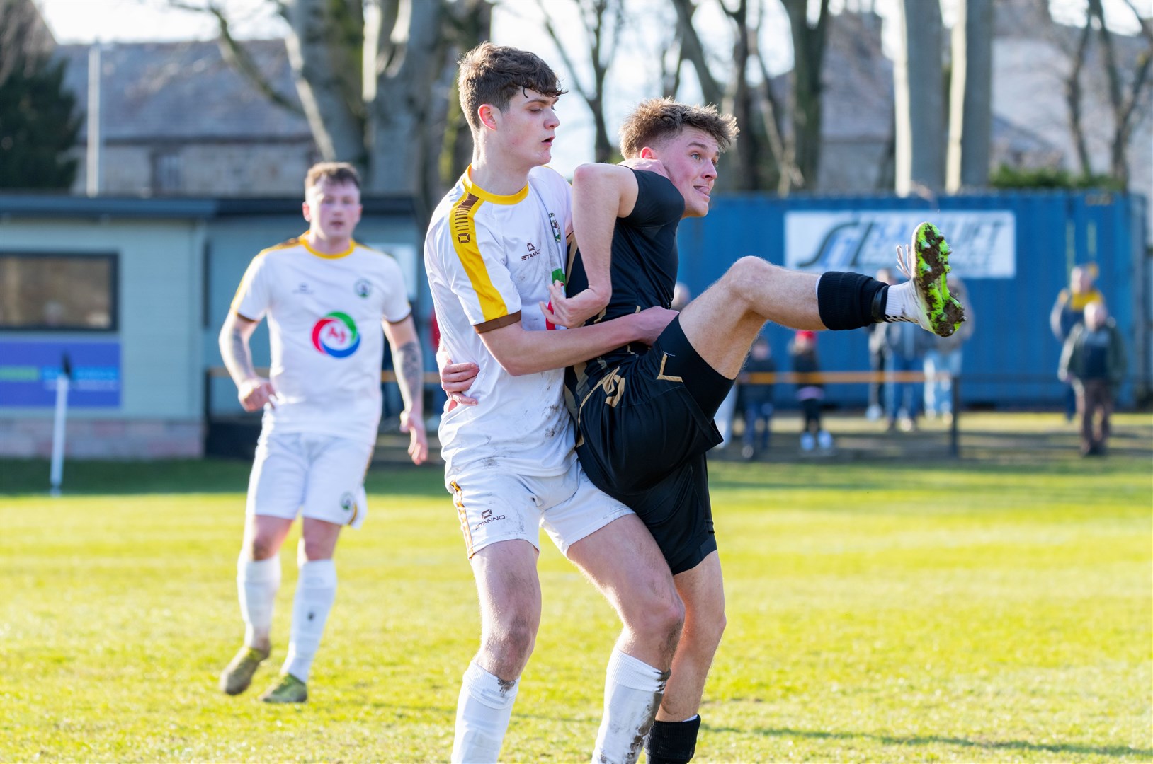 Huntly's Angus Grant (right) scored two early goals to put the Jags on the backfoot in the first league game of the season. Picture: Beth Taylor.