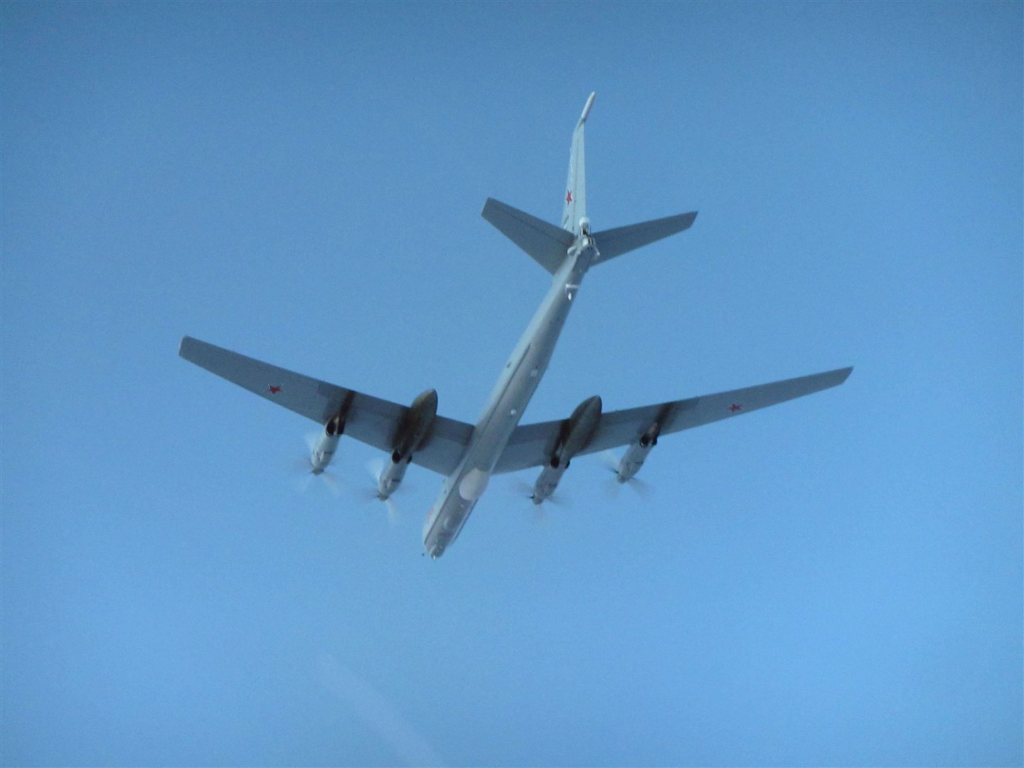 One of two Russian Tupolev Tu-142 Bear F aircraft operating near UK airspace that were intercepted by RAF Typhoons (Ministry of Defence/PA)