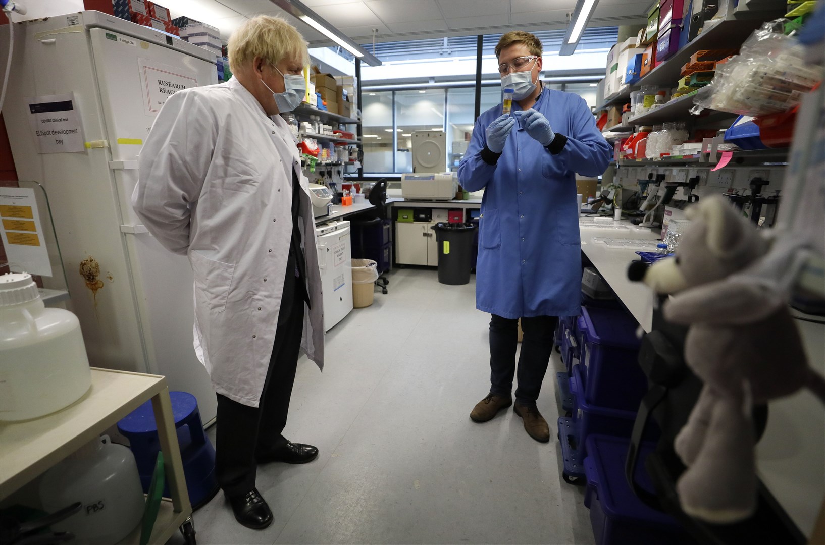 Boris Johnson at the Jenner Institute in Oxford, where he toured the laboratory and met scientists who are leading the Covid-19 vaccine research (Kirsty Wigglesworth/PA)