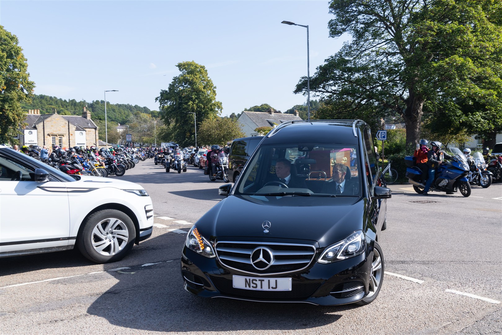 Motorbikes all gather together for an escort from Tom Ross & Sons Funeral in Forres to Nairn. ..Picture: Beth Taylor.