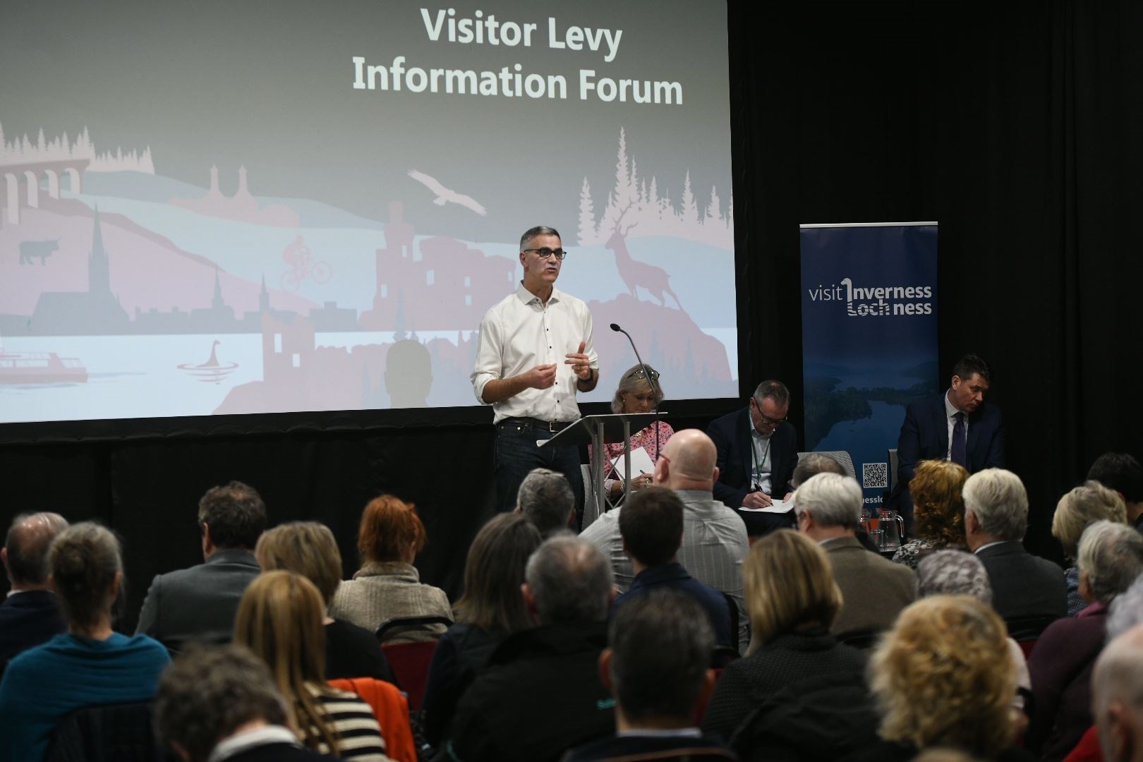 Inverness Chamber of Commerce CEO Colin Marr speaking at VILN Visitor Levy Information Forum.