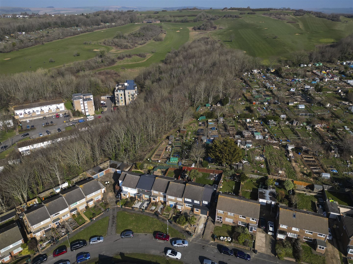 A drone view of allotments in Brighton, East Sussex, after remains were found in the search for the two-month-old baby of Constance Marten and Mark Gordon (Jordan Pettitt/PA)