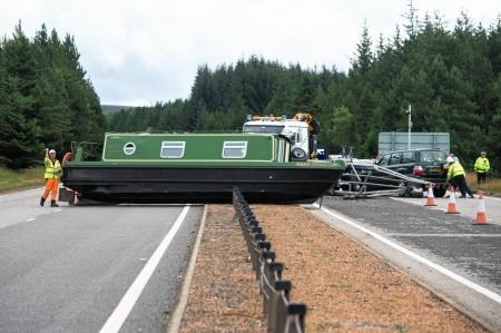 The narrowboat is high and dry on the A9