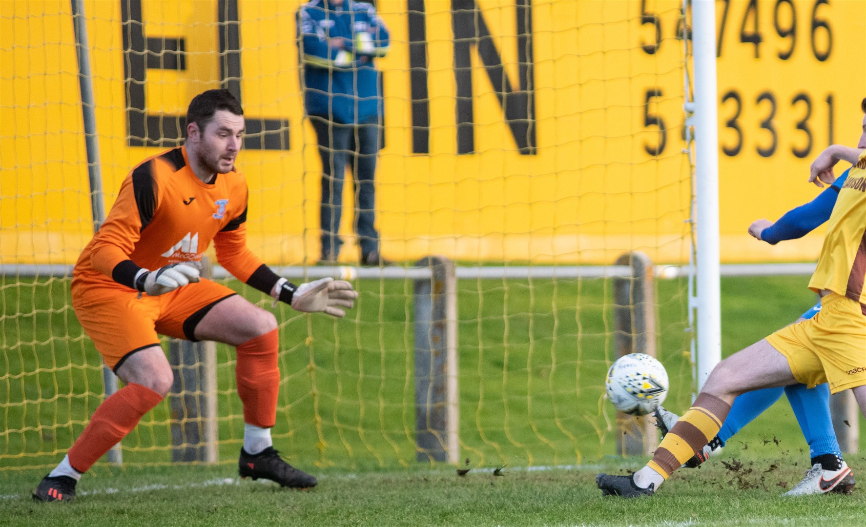 Keeper Michael MacCallum in goal for Strathspey against Forres Mechanics last season. Picture: Daniel Forsyth