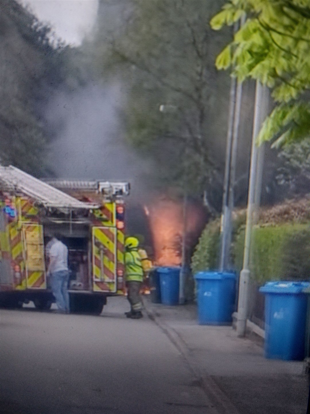 An explosion was heard from the blazing vehicle as fire-fighters prepared to take action