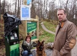 Rod at Glenfeshie parking meter with partner Alice Bailey and their dog Zak
