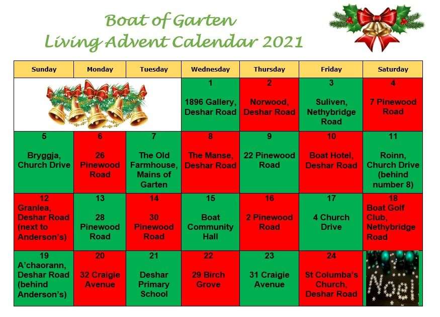 An Advent calendar of where and when the windows will be opening in Boat of Garten.