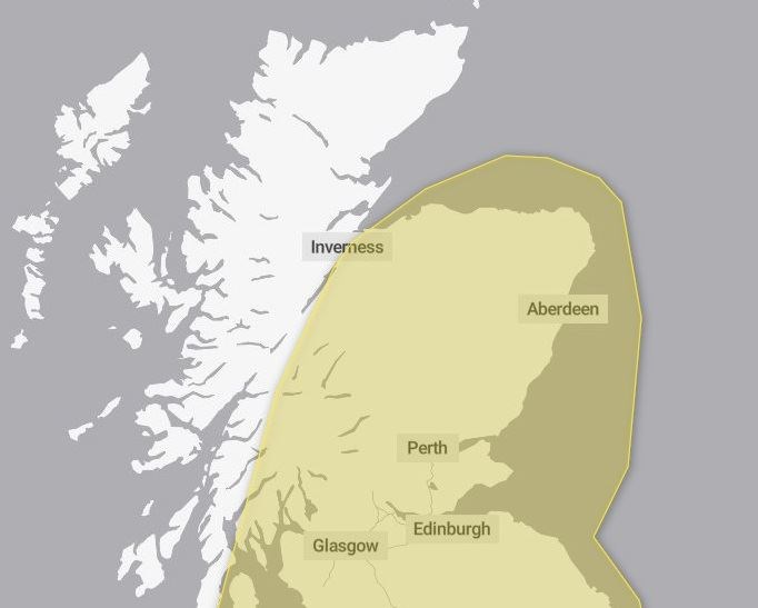 The area covered by the yellow warning has been extended to cover much of mainland Scotland to the east of the Great Glen. Picture: Met Office.